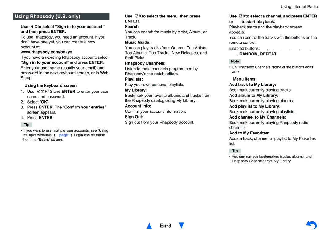 Onkyo TXNR727 instruction manual Using Rhapsody U.S. only, RANDOM, Repeat 