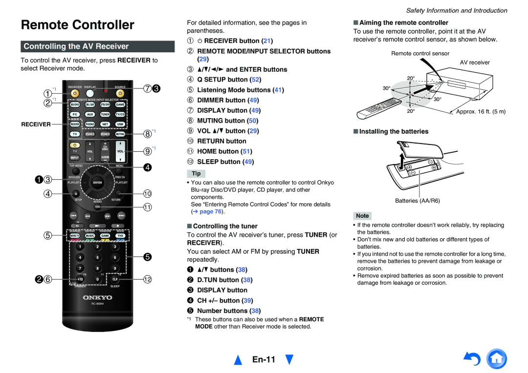 Onkyo TXNR727 instruction manual Remote Controller, En-11, Controlling the AV Receiver 