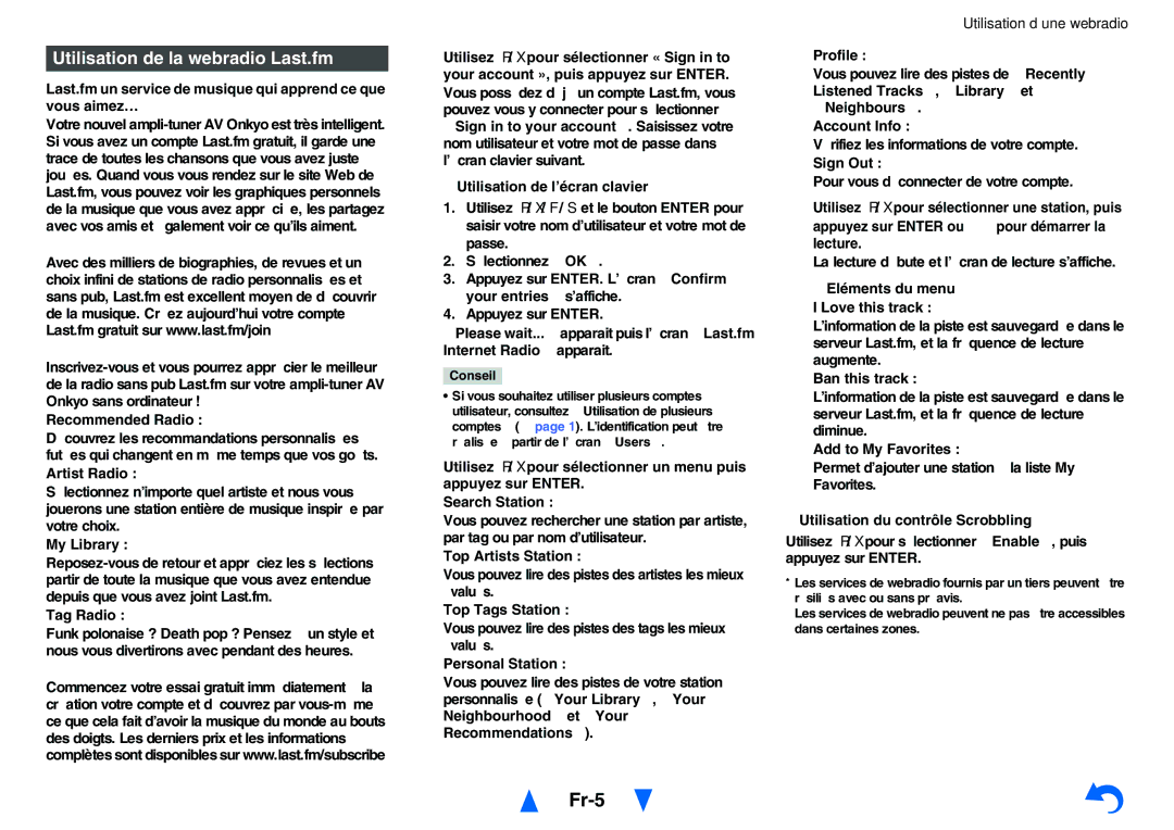 Onkyo TXNR727 instruction manual Fr-5, Utilisation de la webradio Last.fm 