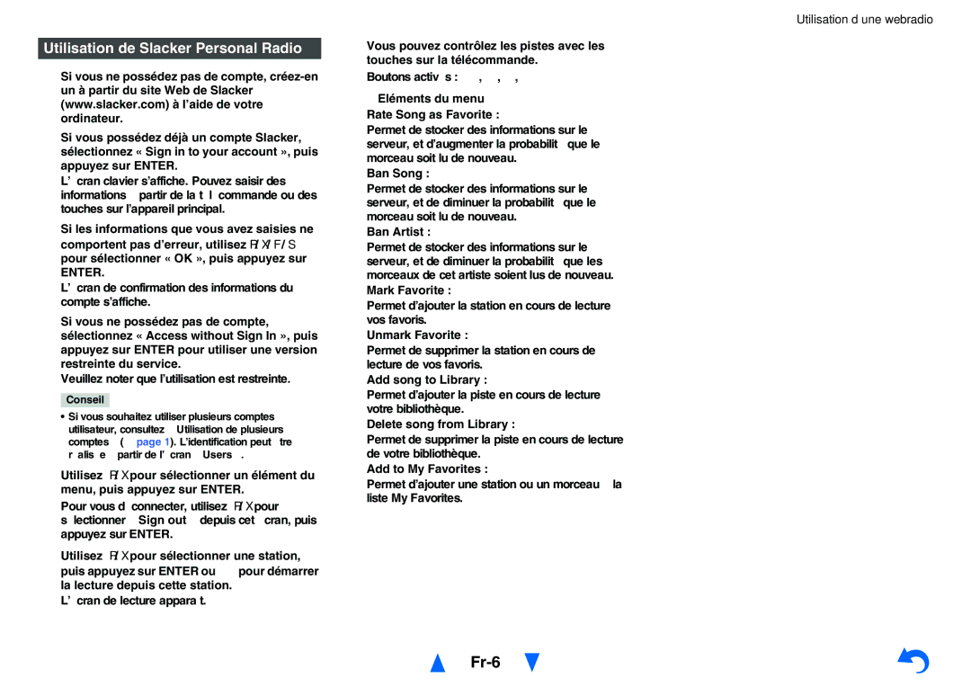 Onkyo TXNR727 instruction manual Fr-6, Utilisation de Slacker Personal Radio, Vous pouvez contrôlez les pistes avec les 