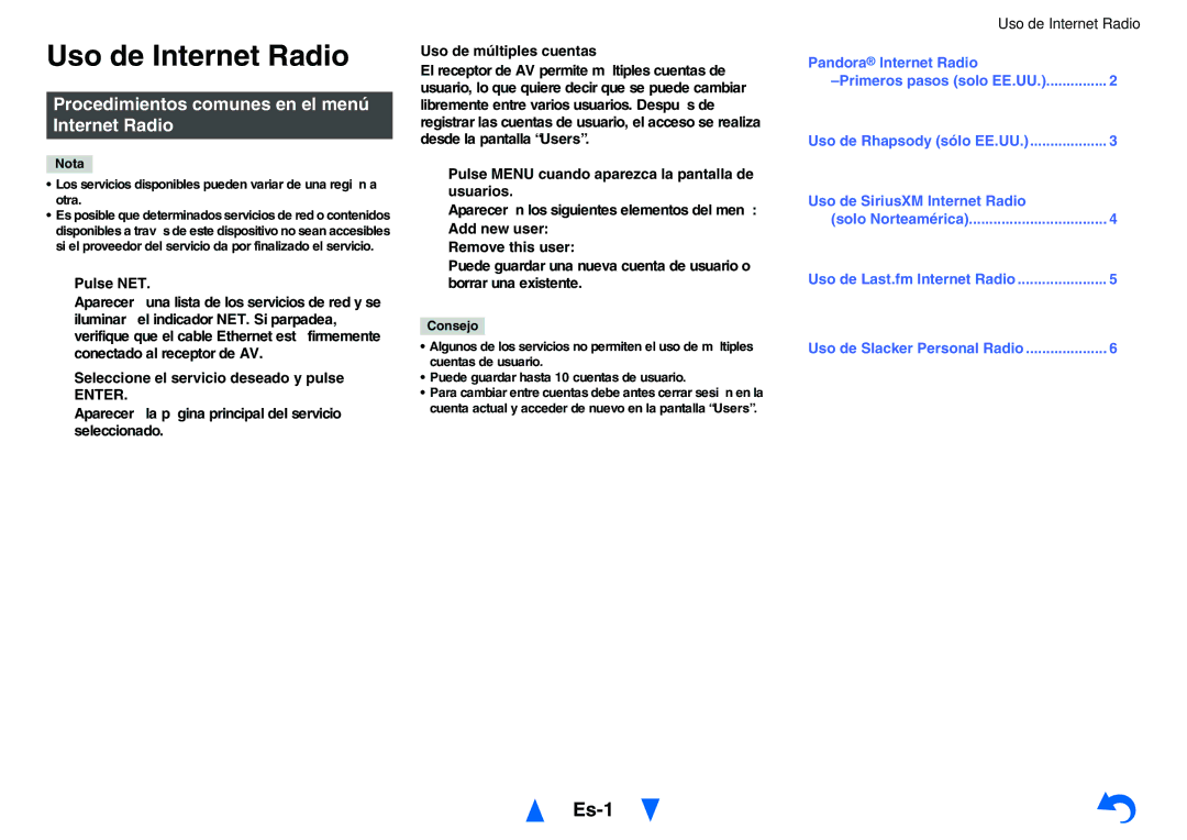 Onkyo TXNR727 instruction manual Uso de Internet Radio, Es-1, Procedimientos comunes en el menú Internet Radio 