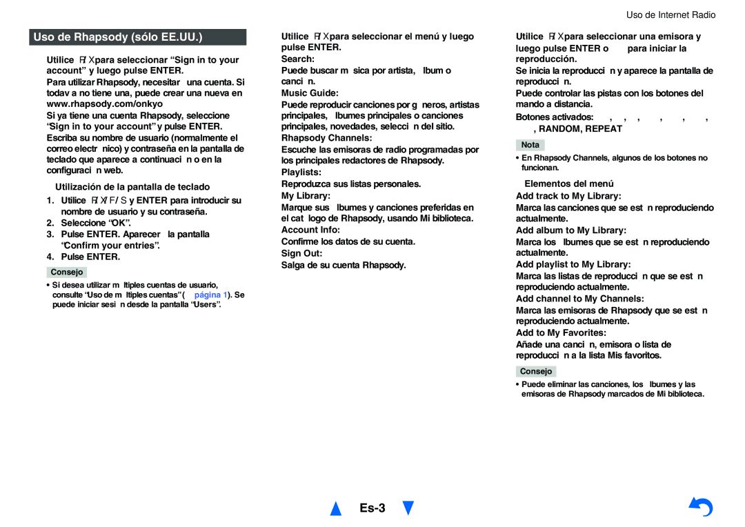 Onkyo TXNR727 instruction manual Es-3, Uso de Rhapsody sólo EE.UU 