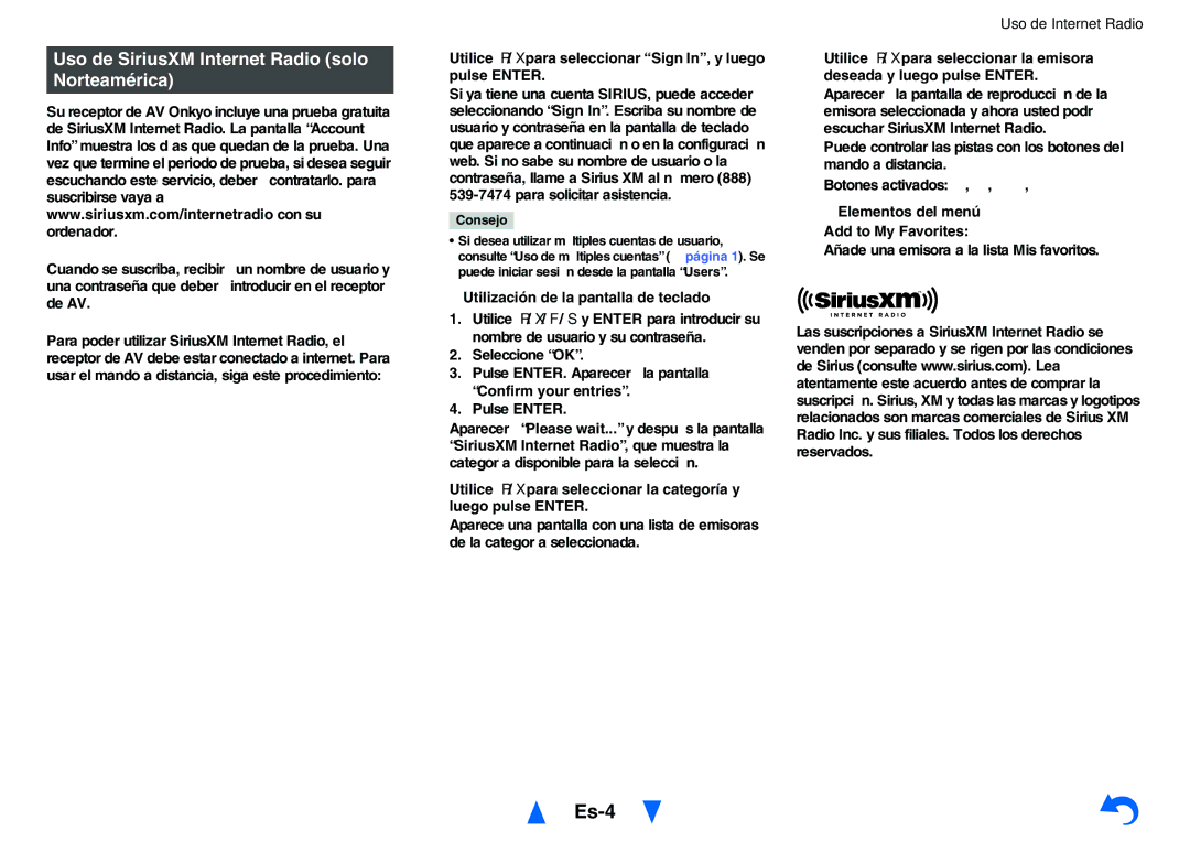 Onkyo TXNR727 Es-4, Uso de SiriusXM Internet Radio solo Norteamérica, Elementos del menú Add to My Favorites 