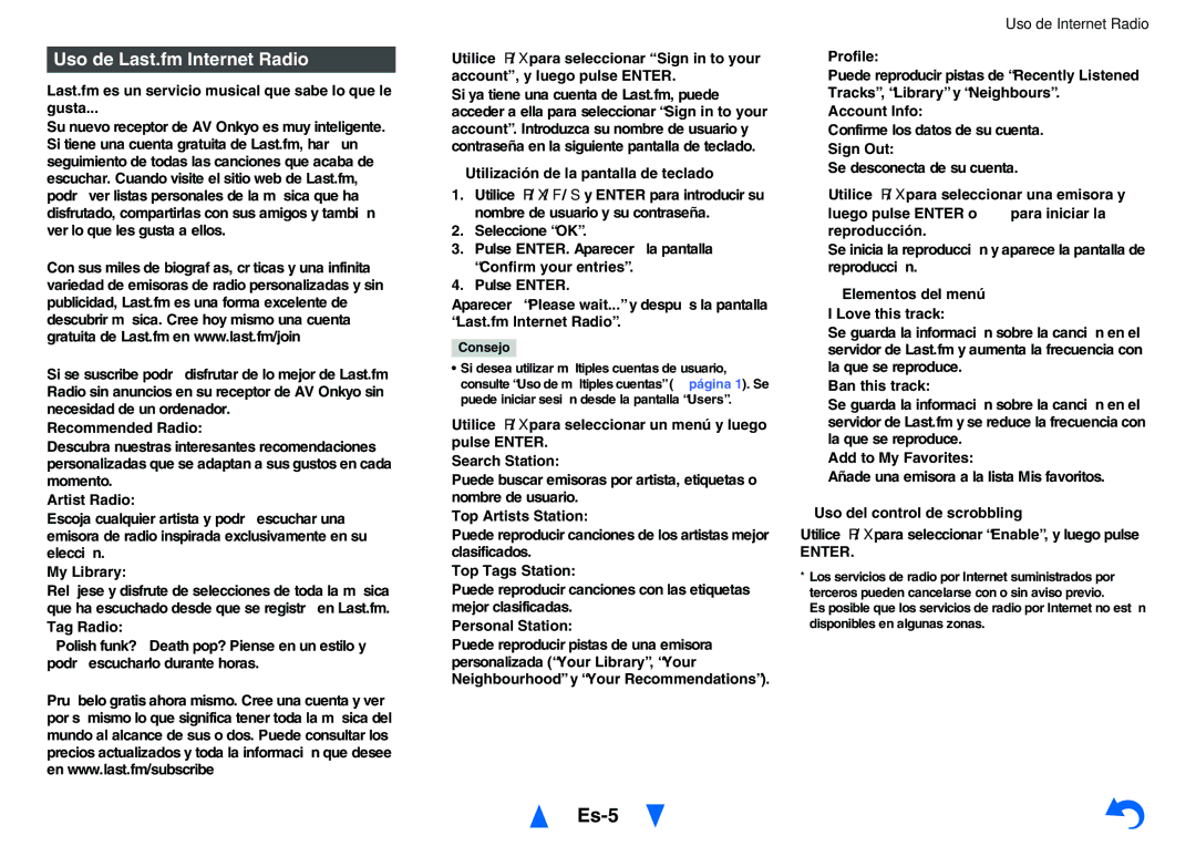 Onkyo TXNR727 Es-5, Uso de Last.fm Internet Radio, Last.fm es un servicio musical que sabe lo que le Gusta 