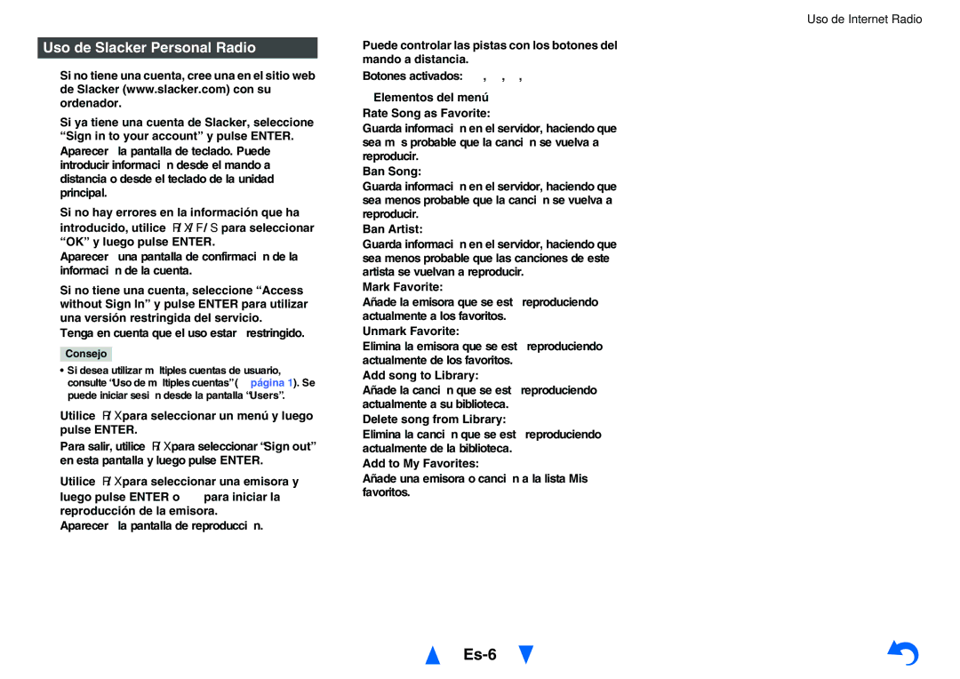 Onkyo TXNR727 instruction manual Es-6, Uso de Slacker Personal Radio 