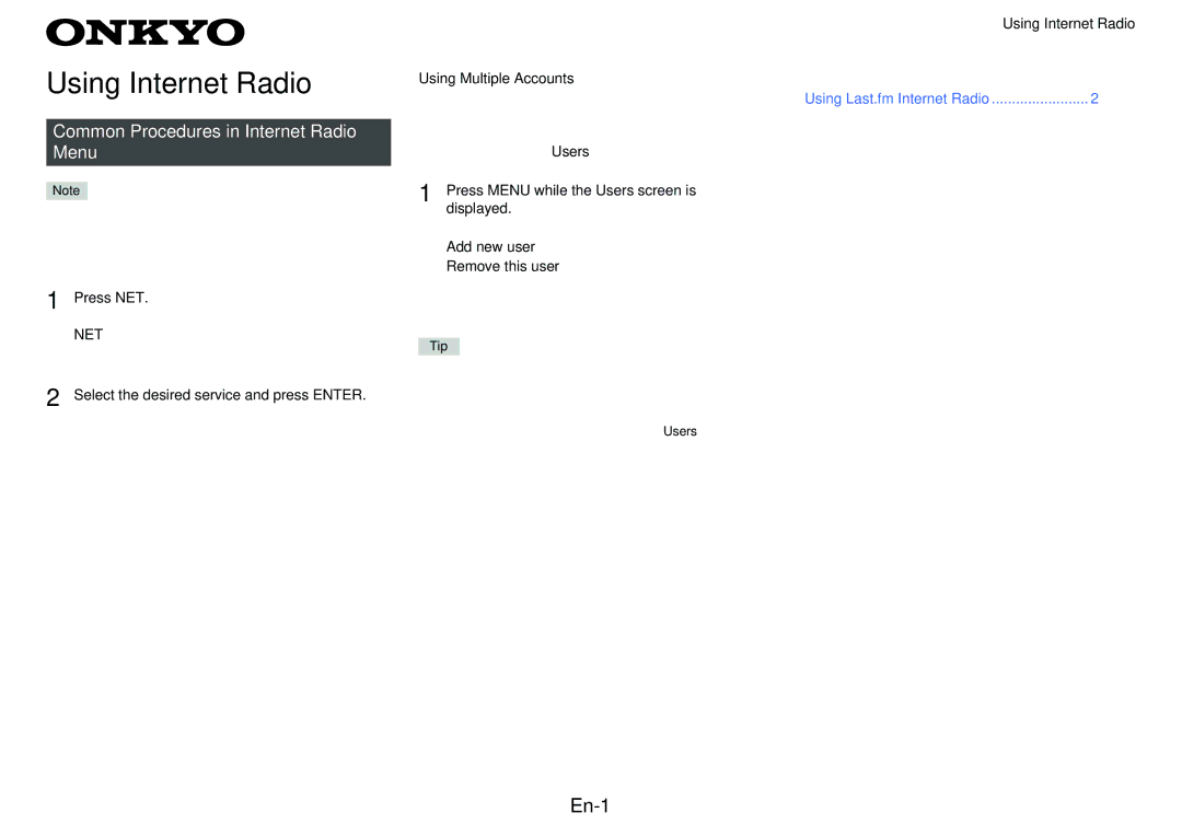 Onkyo TXNR727 instruction manual Using Internet Radio 