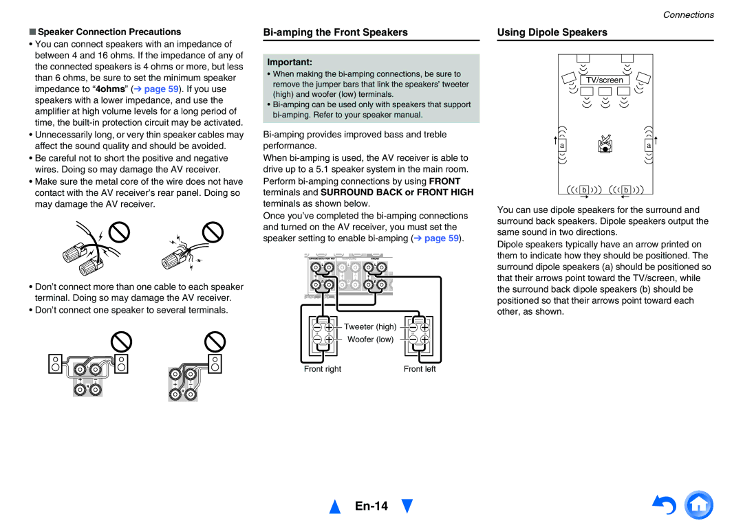 Onkyo TXNR727 instruction manual En-14, Bi-amping the Front Speakers, Using Dipole Speakers, Speaker Connection Precautions 