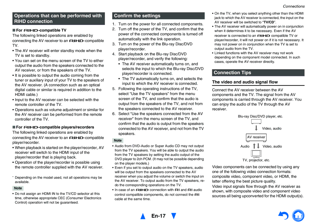 Onkyo TXNR727 En-17, Operations that can be performed with Rihd connection, Confirm the settings, Connection Tips 