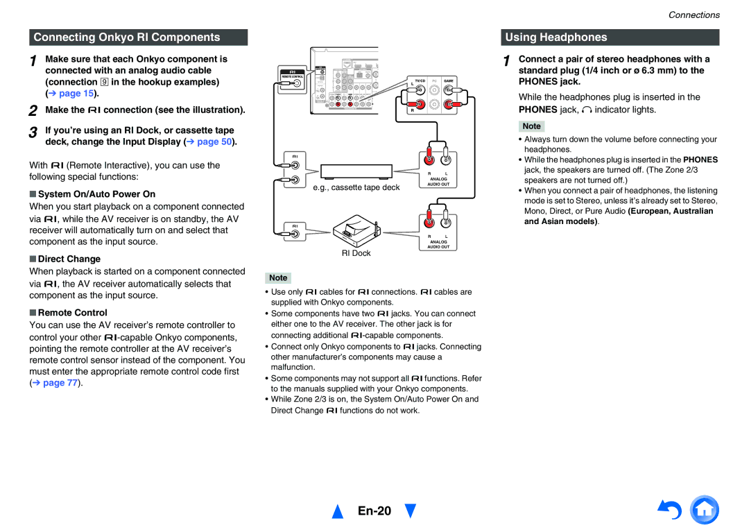 Onkyo TXNR727 instruction manual En-20, Connecting Onkyo RI Components, Using Headphones 