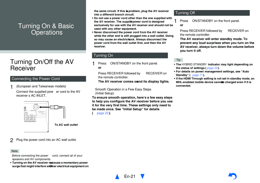 Onkyo TXNR727 instruction manual Turning On/Off the AV Receiver, En-21, Turning Off, Connecting the Power Cord 