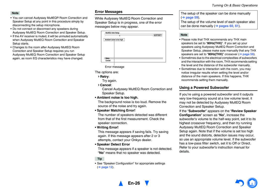 Onkyo TXNR727 instruction manual En-26, Error Messages, Using a Powered Subwoofer 