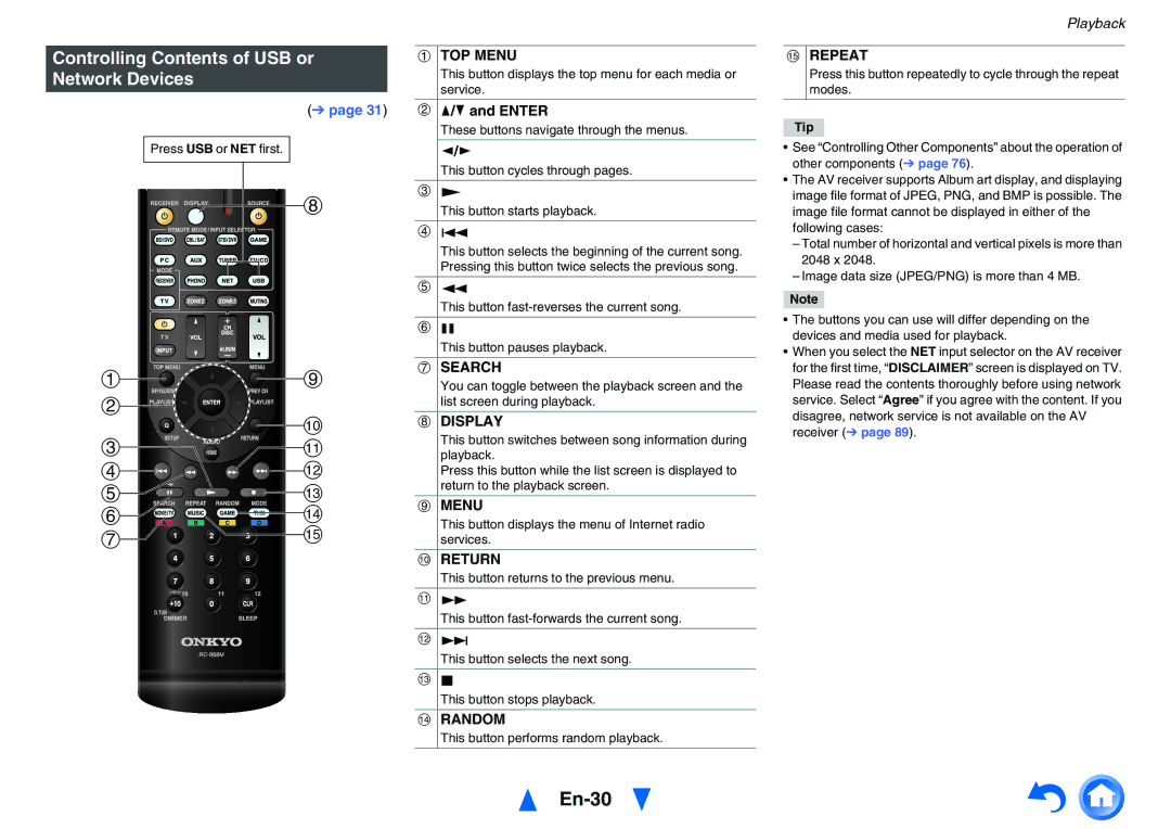 Onkyo TXNR727 instruction manual En-30, Controlling Contents of USB or Network Devices 