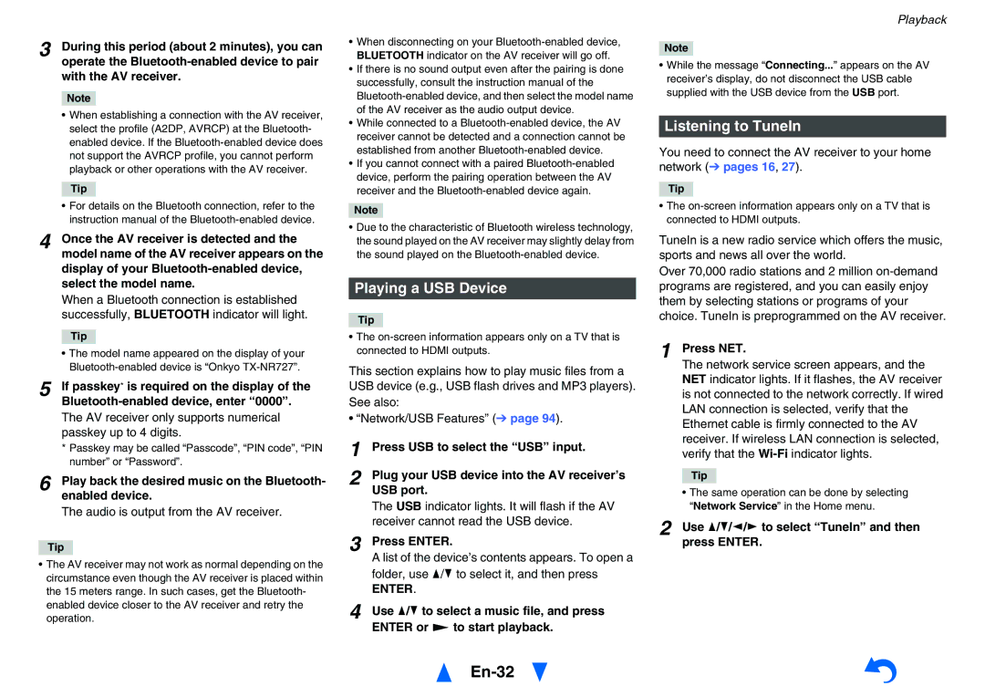 Onkyo TXNR727 instruction manual En-32, Playing a USB Device, Listening to TuneIn 