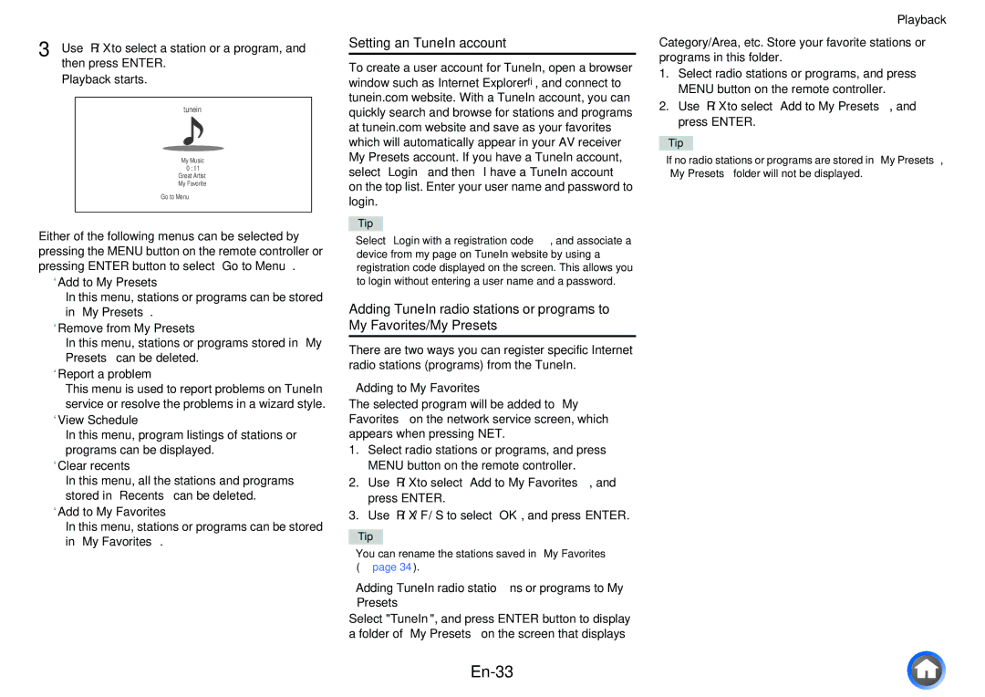 Onkyo TXNR727 instruction manual En-33, Setting an TuneIn account 