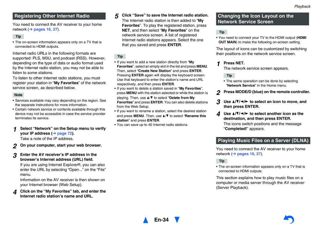 Onkyo TXNR727 En-34, Registering Other Internet Radio, Changing the Icon Layout on the Network Service Screen 
