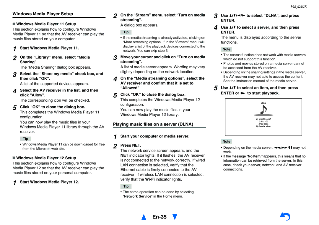 Onkyo TXNR727 instruction manual En-35, Windows Media Player Setup, Playing music files on a server Dlna 