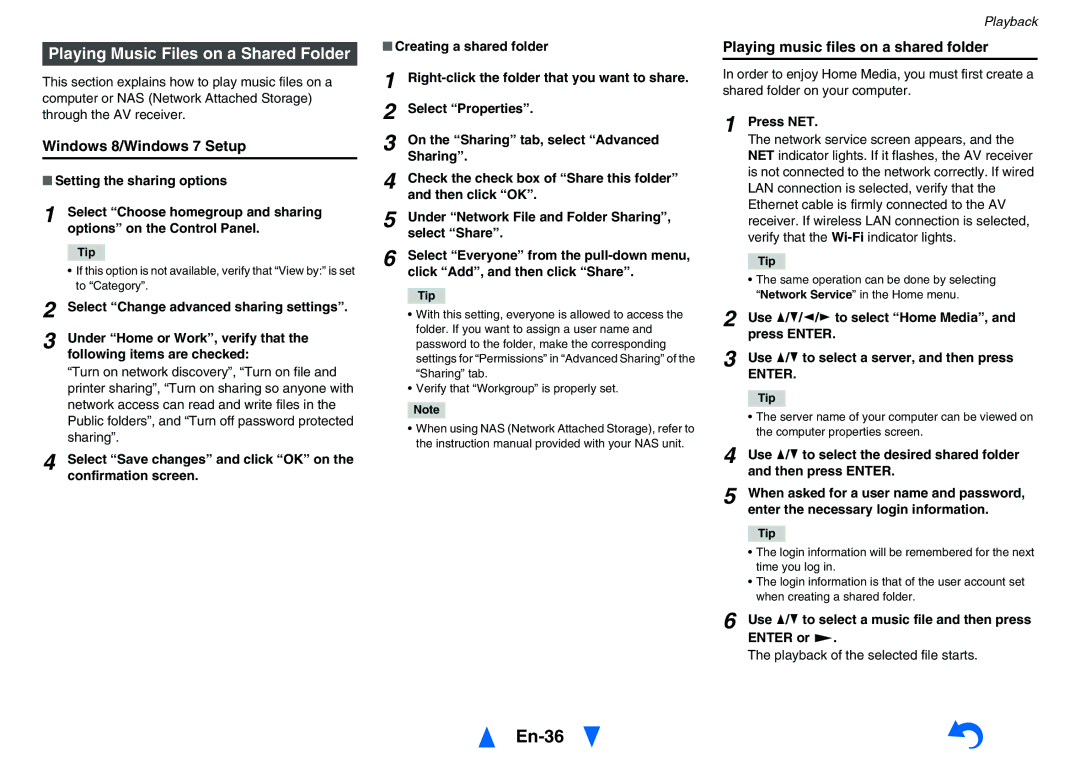 Onkyo TXNR727 instruction manual En-36, Playing Music Files on a Shared Folder, Windows 8/Windows 7 Setup 