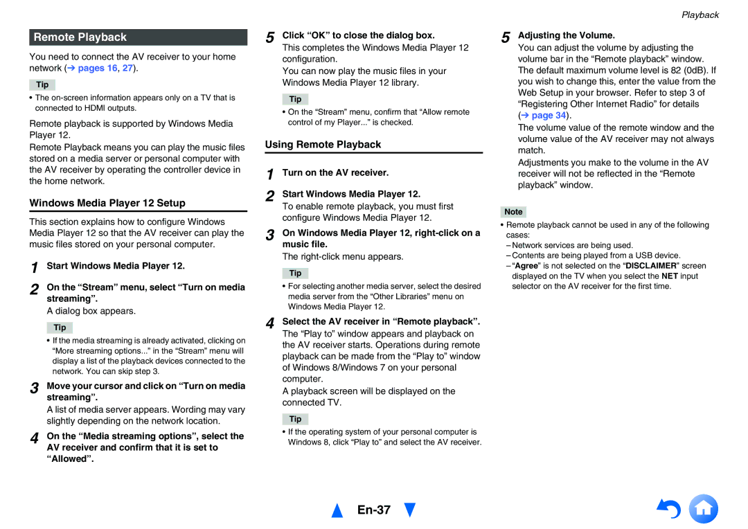 Onkyo TXNR727 instruction manual En-37, Windows Media Player 12 Setup, Using Remote Playback 