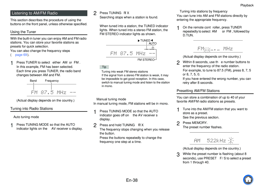 Onkyo TXNR727 En-38, Listening to AM/FM Radio, Using the Tuner, Presetting AM/FM Stations, Tuning into Radio Stations 