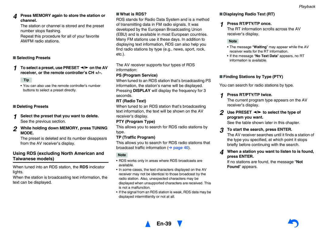 Onkyo TXNR727 instruction manual En-39, Using RDS excluding North American and Taiwanese models, Mode 