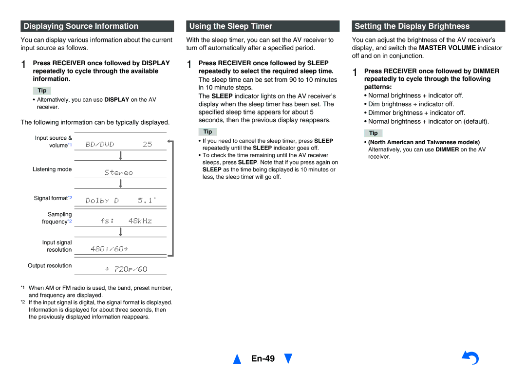 Onkyo TXNR727 En-49, Displaying Source Information, Using the Sleep Timer, Setting the Display Brightness 
