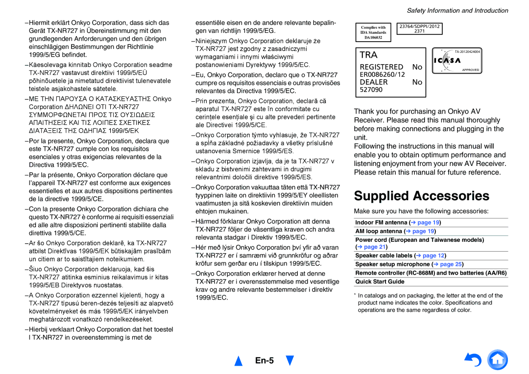 Onkyo TXNR727 instruction manual Supplied Accessories, En-5, Make sure you have the following accessories 