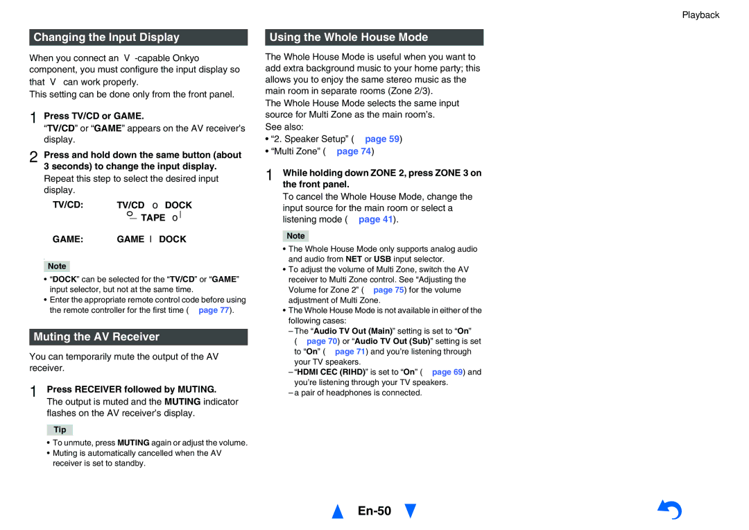 Onkyo TXNR727 instruction manual En-50, Changing the Input Display, Muting the AV Receiver, Using the Whole House Mode 