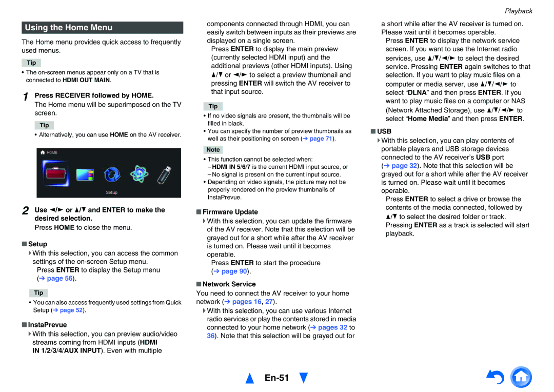 Onkyo TXNR727 instruction manual En-51, Using the Home Menu, Usb 