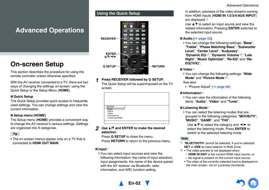 Onkyo TXNR727 instruction manual On-screen Setup, En-52, Using the Quick Setup 