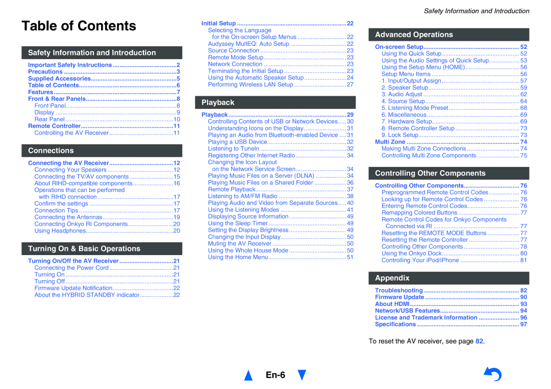 Onkyo TXNR727 instruction manual Table of Contents 