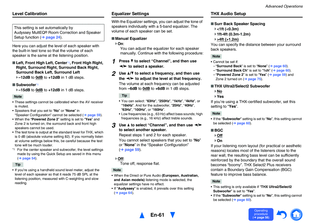 Onkyo TXNR727 instruction manual En-61, Level Calibration, Equalizer Settings, THX Audio Setup, Bgc 