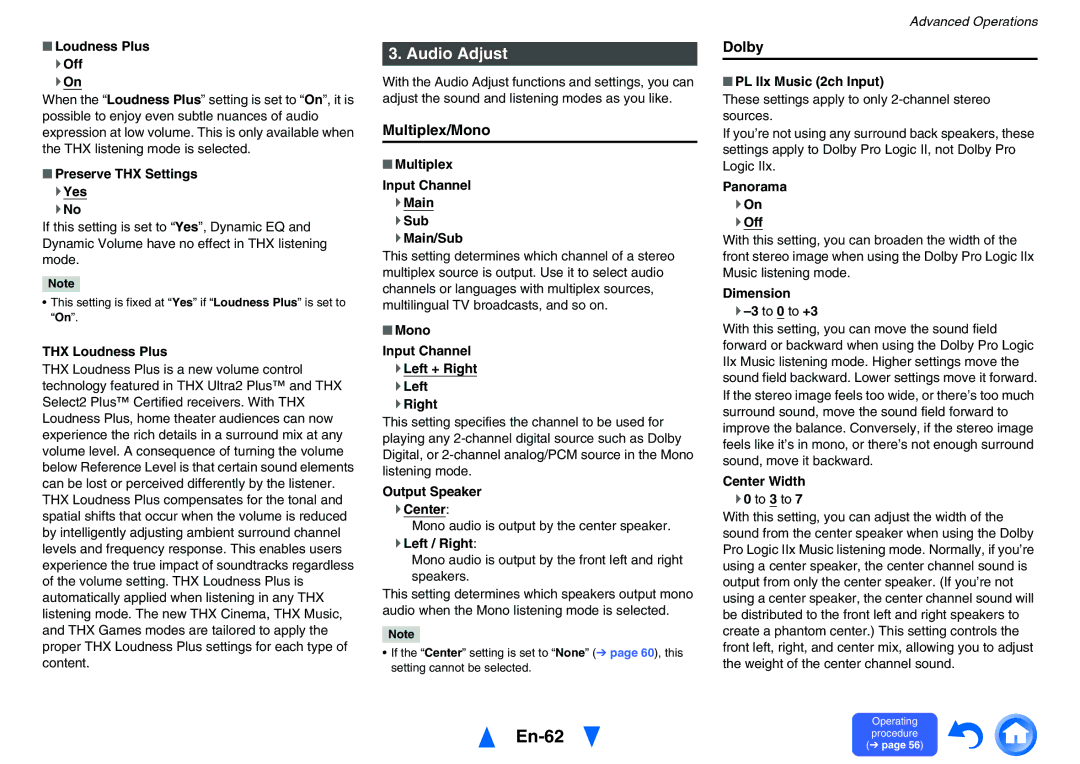 Onkyo TXNR727 instruction manual En-62, Audio Adjust, Multiplex/Mono, Dolby 