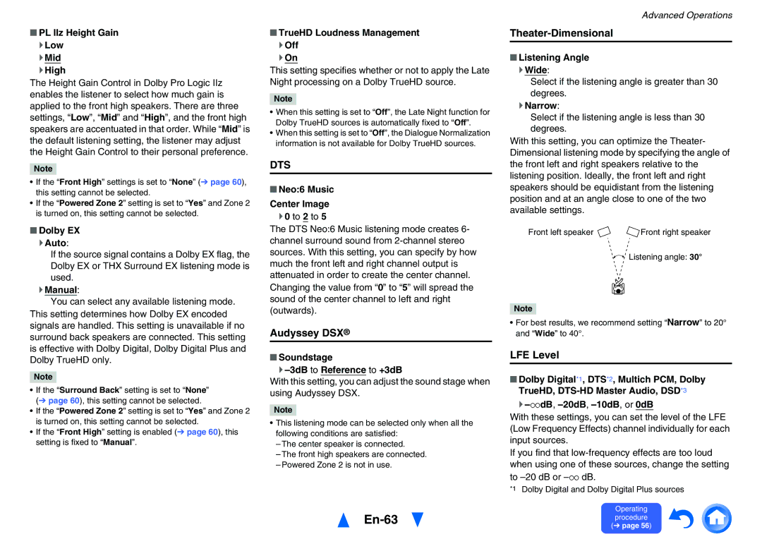 Onkyo TXNR727 instruction manual En-63, Audyssey DSX, Theater-Dimensional, LFE Level 