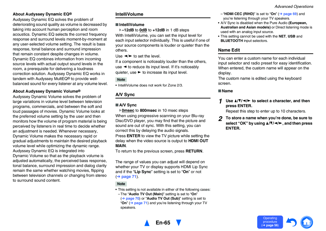 Onkyo TXNR727 instruction manual En-65, IntelliVolume, Sync, Name Edit 