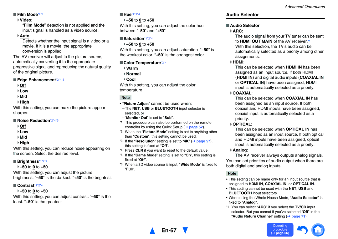Onkyo TXNR727 instruction manual En-67, Audio Selector, ` Hdmi, ` Coaxial, ` Optical 