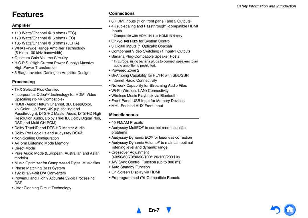 Onkyo TXNR727 instruction manual Features, En-7 