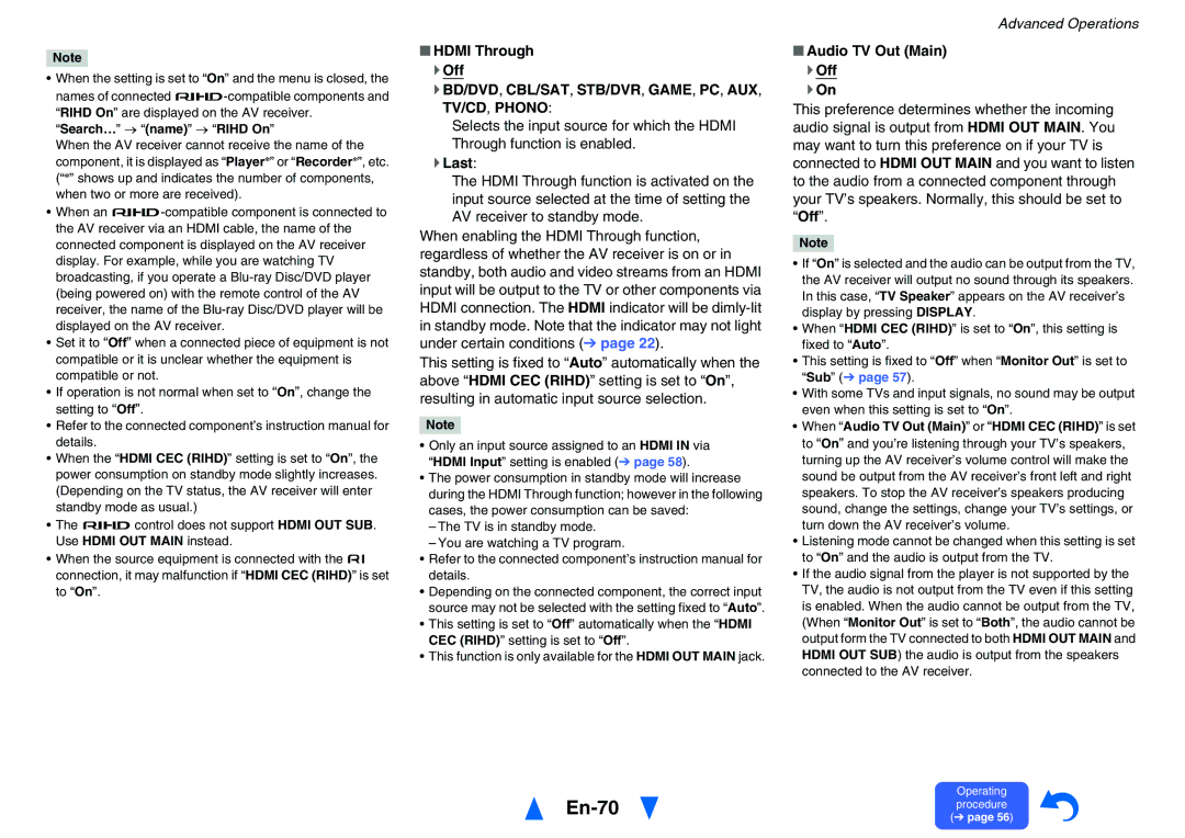 Onkyo TXNR727 instruction manual En-70, Hdmi Through ` Off, ` BD/DVD, CBL/SAT, STB/DVR, GAME, PC, AUX, TV/CD, Phono, ` Last 