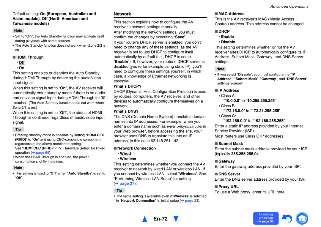 Onkyo TXNR727 instruction manual En-72, Network, Dhcp 