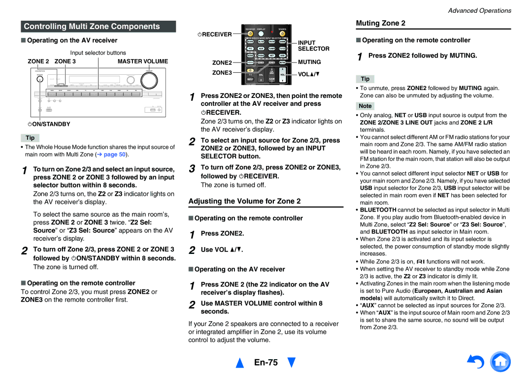 Onkyo TXNR727 En-75, Controlling Multi Zone Components, Adjusting the Volume for Zone, Muting Zone, 8RECEIVER 