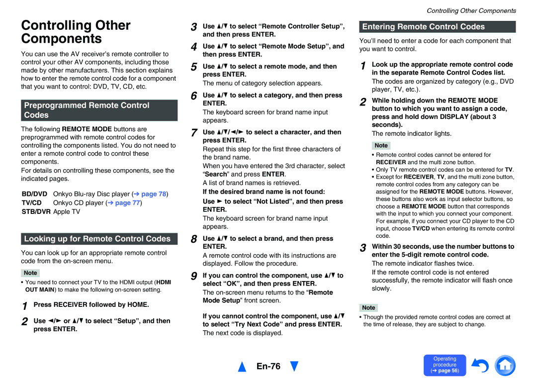 Onkyo TXNR727 Controlling Other Components, En-76, Preprogrammed Remote Control Codes, Looking up for Remote Control Codes 