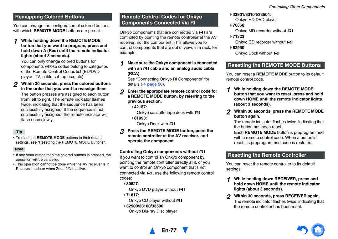 Onkyo TXNR727 En-77, Remapping Colored Buttons, Remote Control Codes for Onkyo Components Connected via RI 