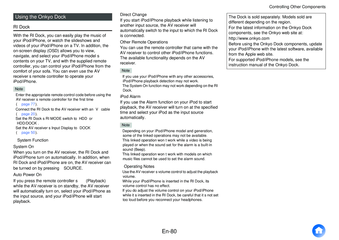 Onkyo TXNR727 instruction manual En-80, Using the Onkyo Dock, RI Dock 