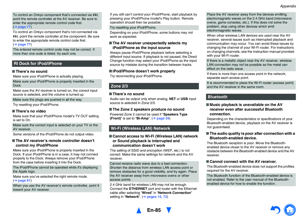 Onkyo TXNR727 instruction manual En-85, RI Dock for iPod/iPhone, Zone 2/3, Wi-Fi Wireless LAN Network, Bluetooth 