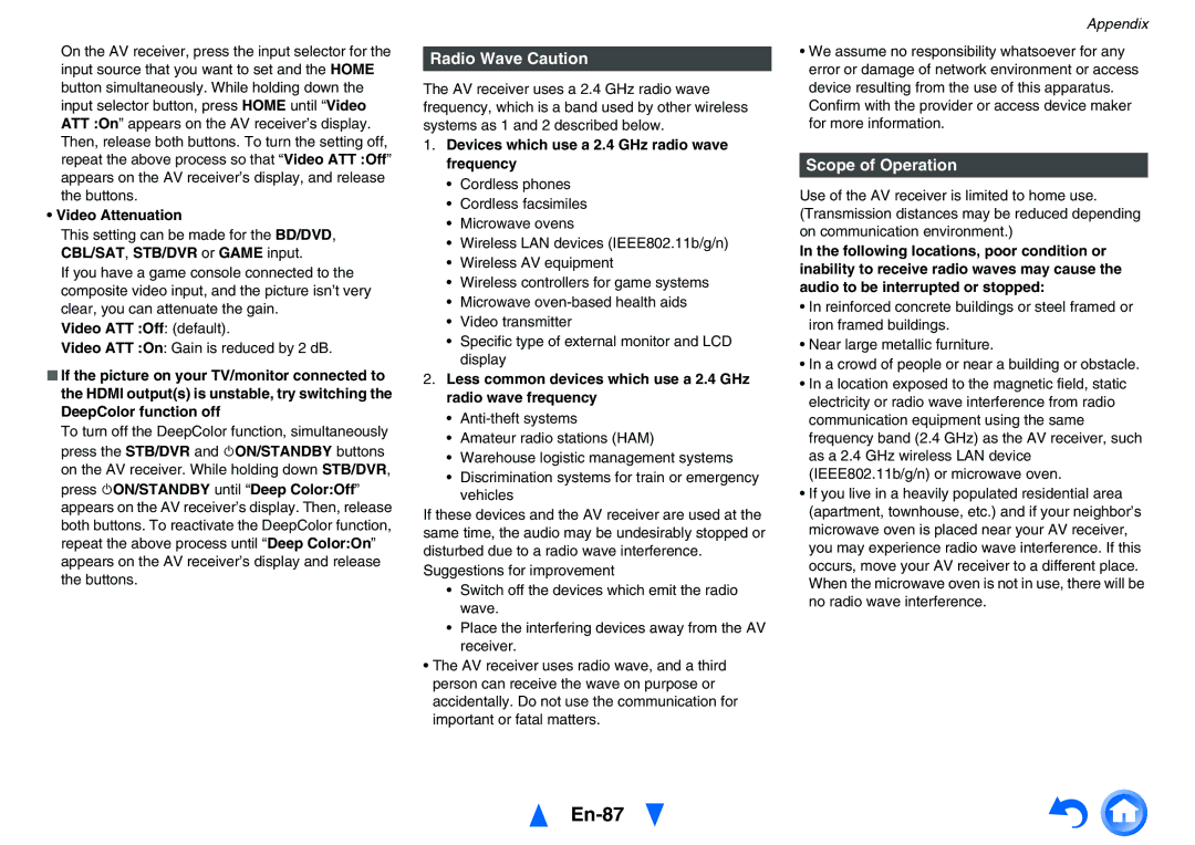 Onkyo TXNR727 instruction manual En-87, Radio Wave Caution, Scope of Operation 