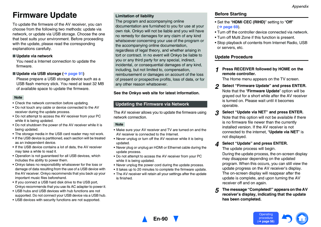 Onkyo TXNR727 Firmware Update, En-90, Updating the Firmware via Network, Before Starting, Update Procedure 