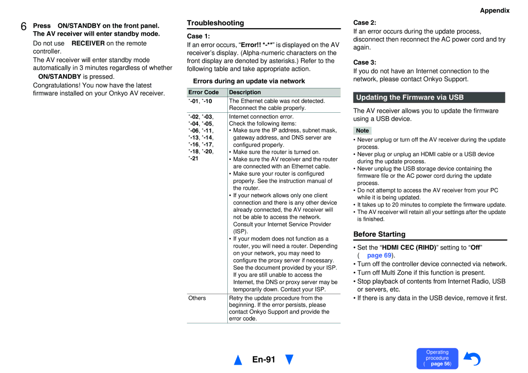 Onkyo TXNR727 En-91, Troubleshooting, Updating the Firmware via USB, Case, Errors during an update via network 