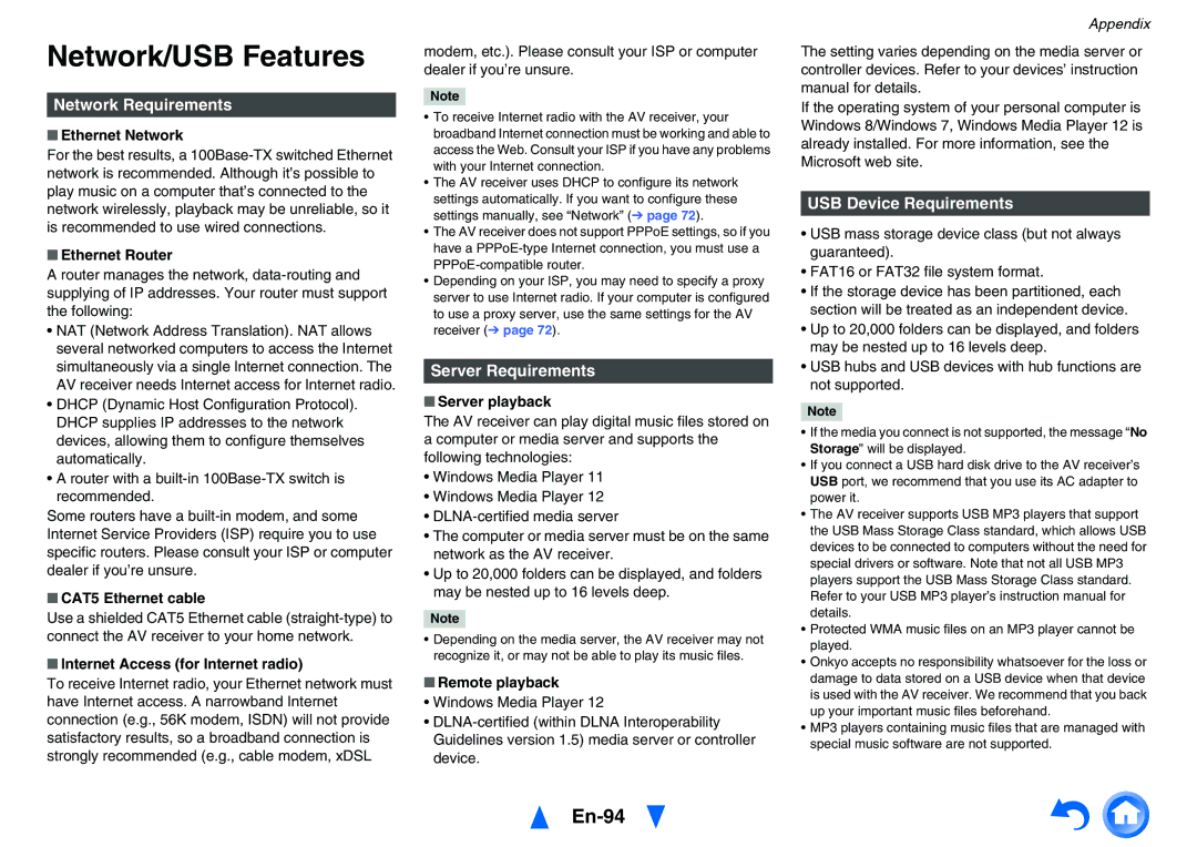 Onkyo TXNR727 Network/USB Features, En-94, Network Requirements, Server Requirements, USB Device Requirements 