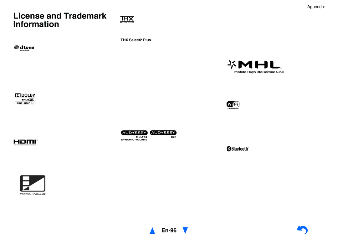 Onkyo TXNR727 instruction manual License and Trademark Information, En-96, THX Select2 Plus 