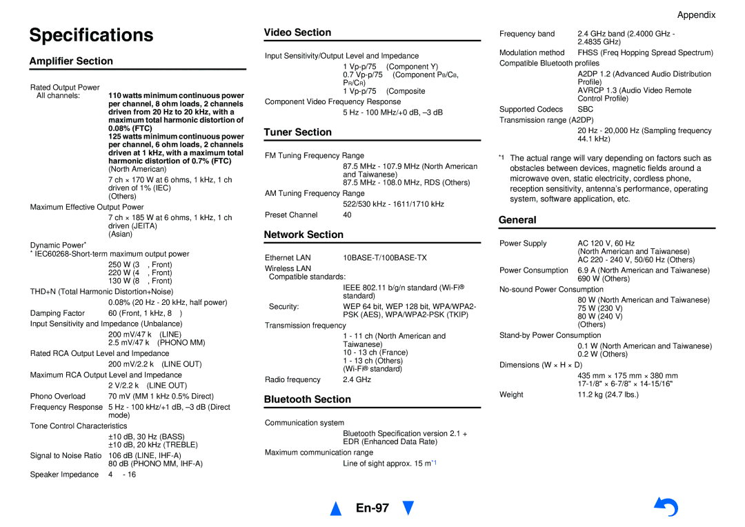 Onkyo TXNR727 instruction manual Specifications, En-97 