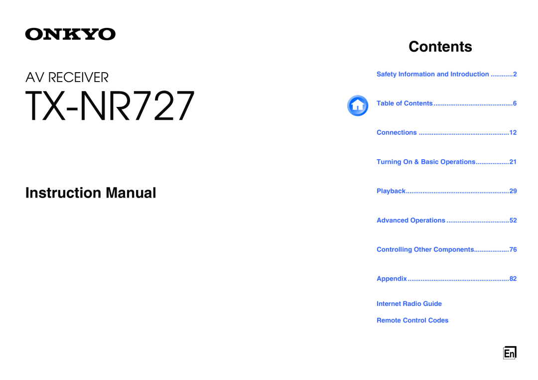Onkyo TXNR727 instruction manual TX-NR727, Instruction Manual, Contents, Av Receiver 